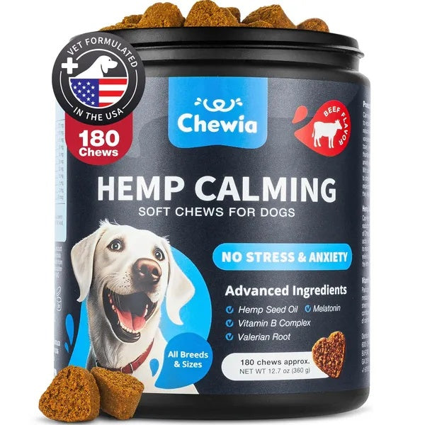 Sereno Pets Calm Chews — Natural Hemp Calming Treats for Dogs | 180 Soft Chews | All Breeds